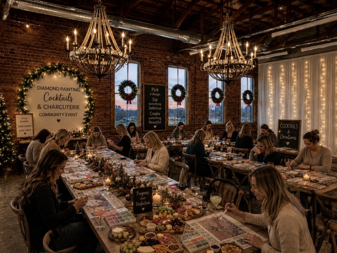 A full room at a Diamond Painting, Cocktails & Charcuterie community event — long tables, chandeliers and string lights