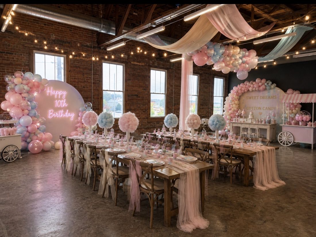 A cotton candy themed 10th birthday party — pastel balloon arches, tulle runners and a Sweet Dreams & Cotton Candy cart