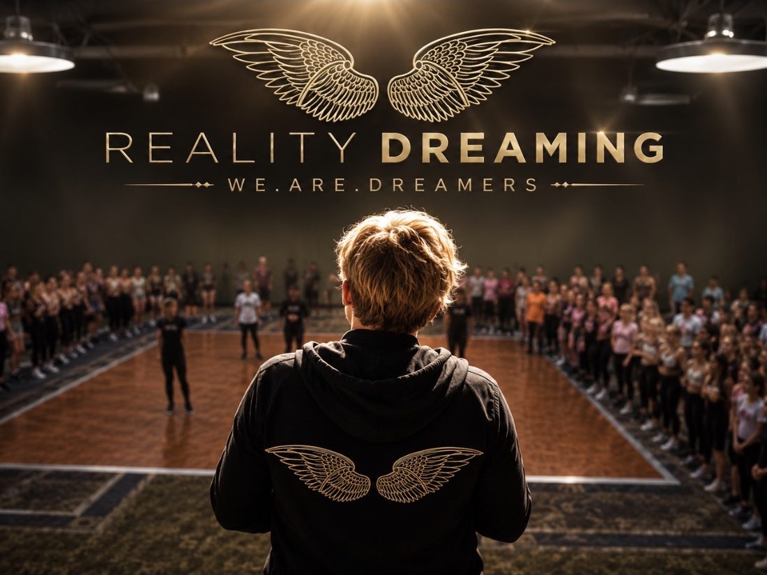 A mentor facing a full room of young dancers beneath the Reality Dreaming wings