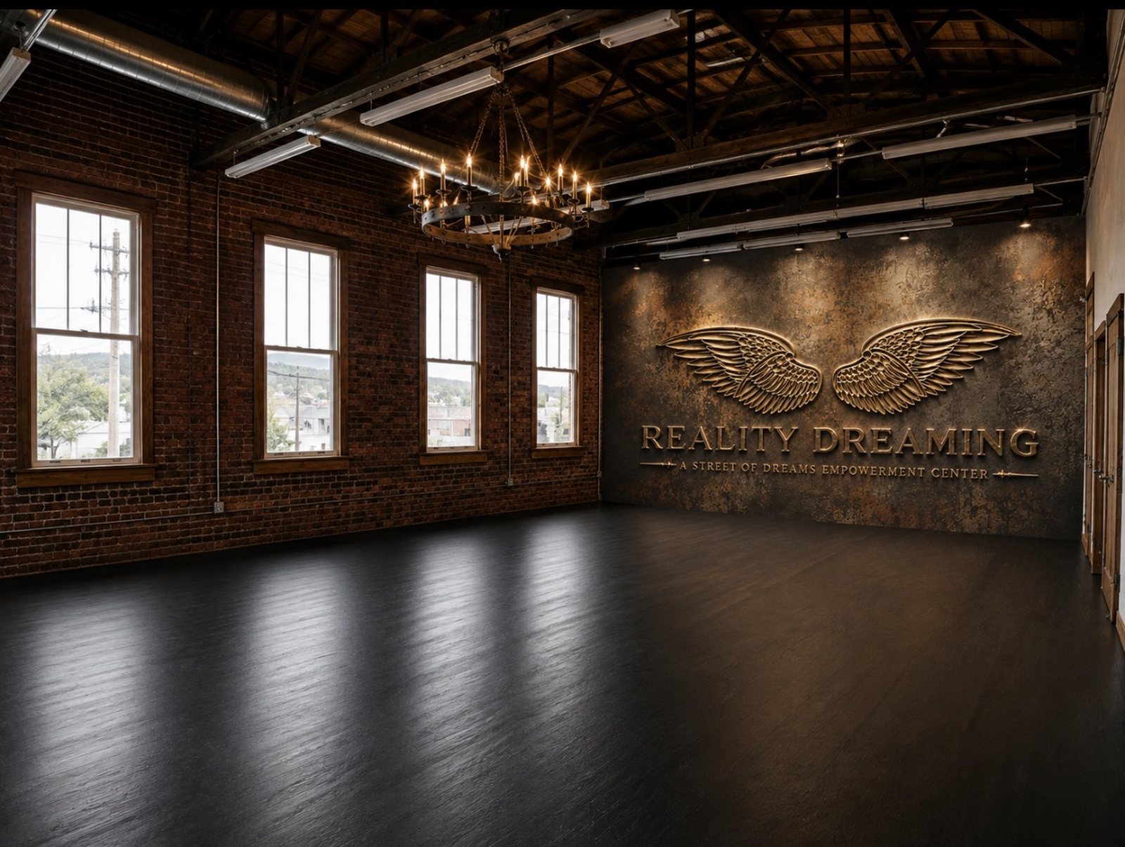 The empty Reality Dreaming event space — exposed brick, tall windows, an iron chandelier and the bronze Reality Dreaming wings wall