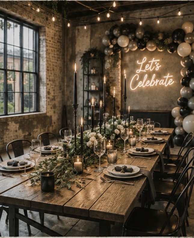 The venue set for a celebration — long farmhouse table, candles and a Let's Celebrate neon sign